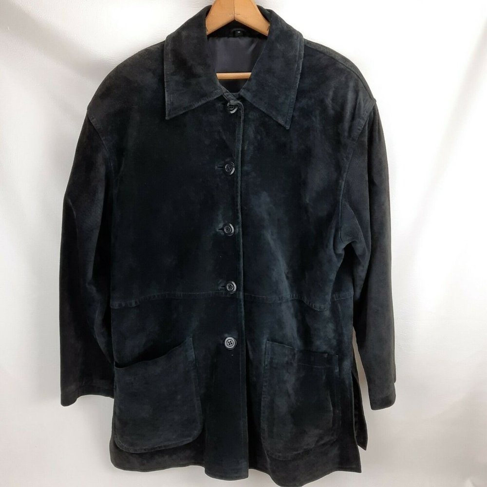 Basic Black Suede Full Button Mid Length Heavy Jacket Women's Medium